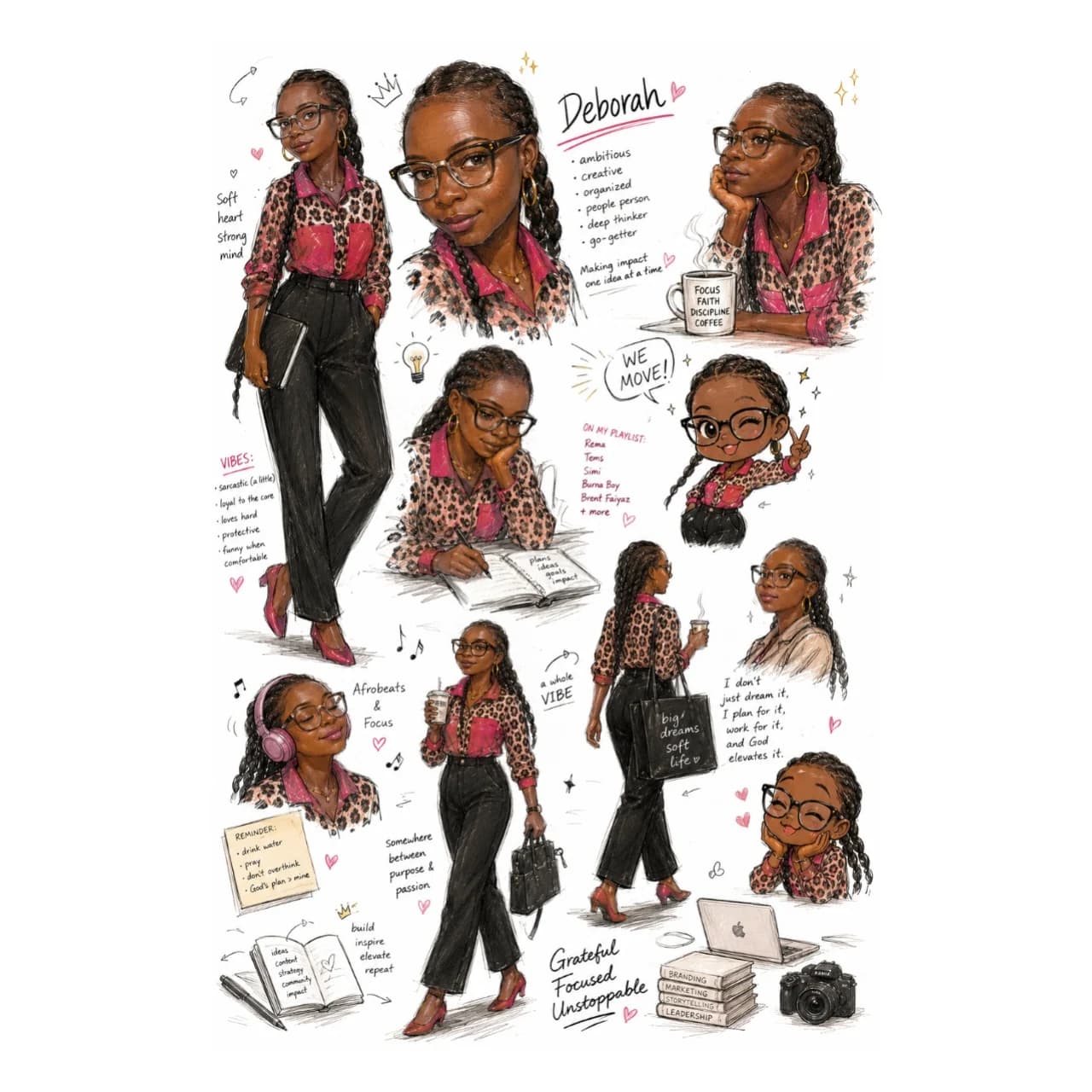 A hand-drawn sketchbook character sheet using ChatGPT