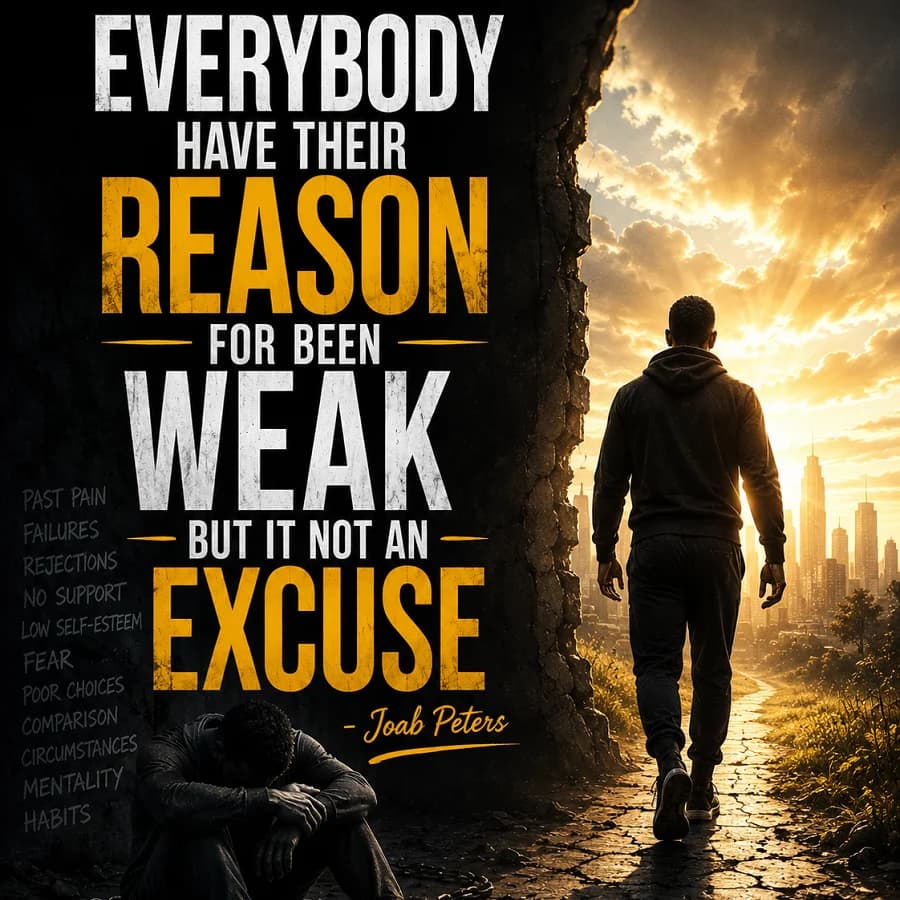 Everybody has their reason for being weak, but it's not an excuse. — Joab Peters