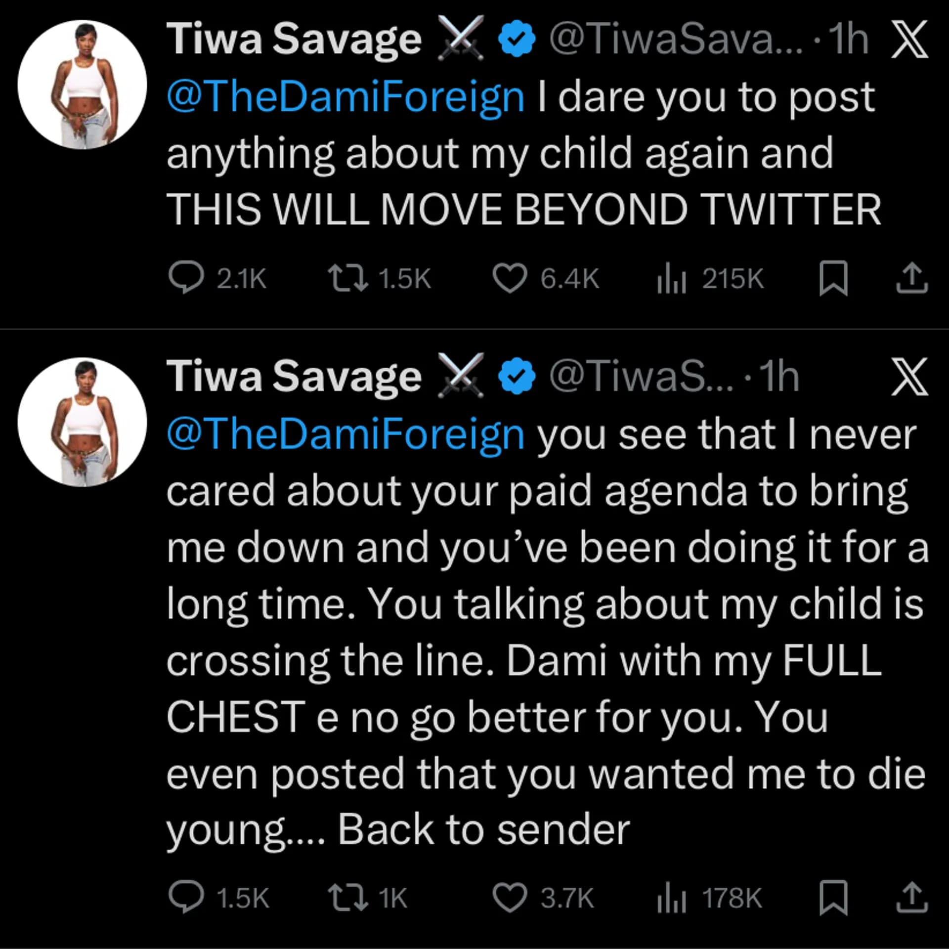 Tiwa Savage Slams Influencer for Dragging Her Son Into Online Drama
