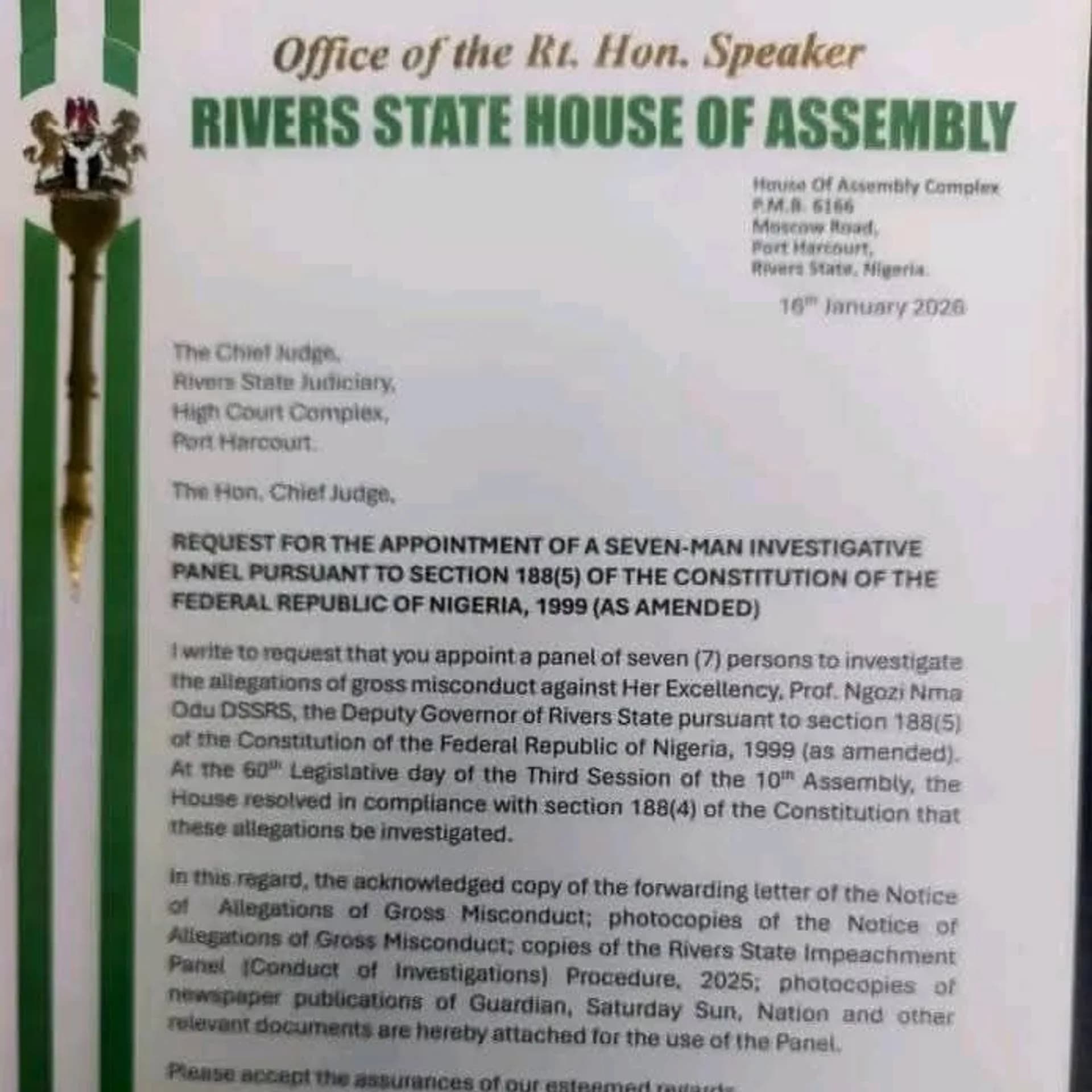 Rivers Assembly Moves Forward With Fubara Impeachment as Speaker Orders Chief Judge to Set Up Panel